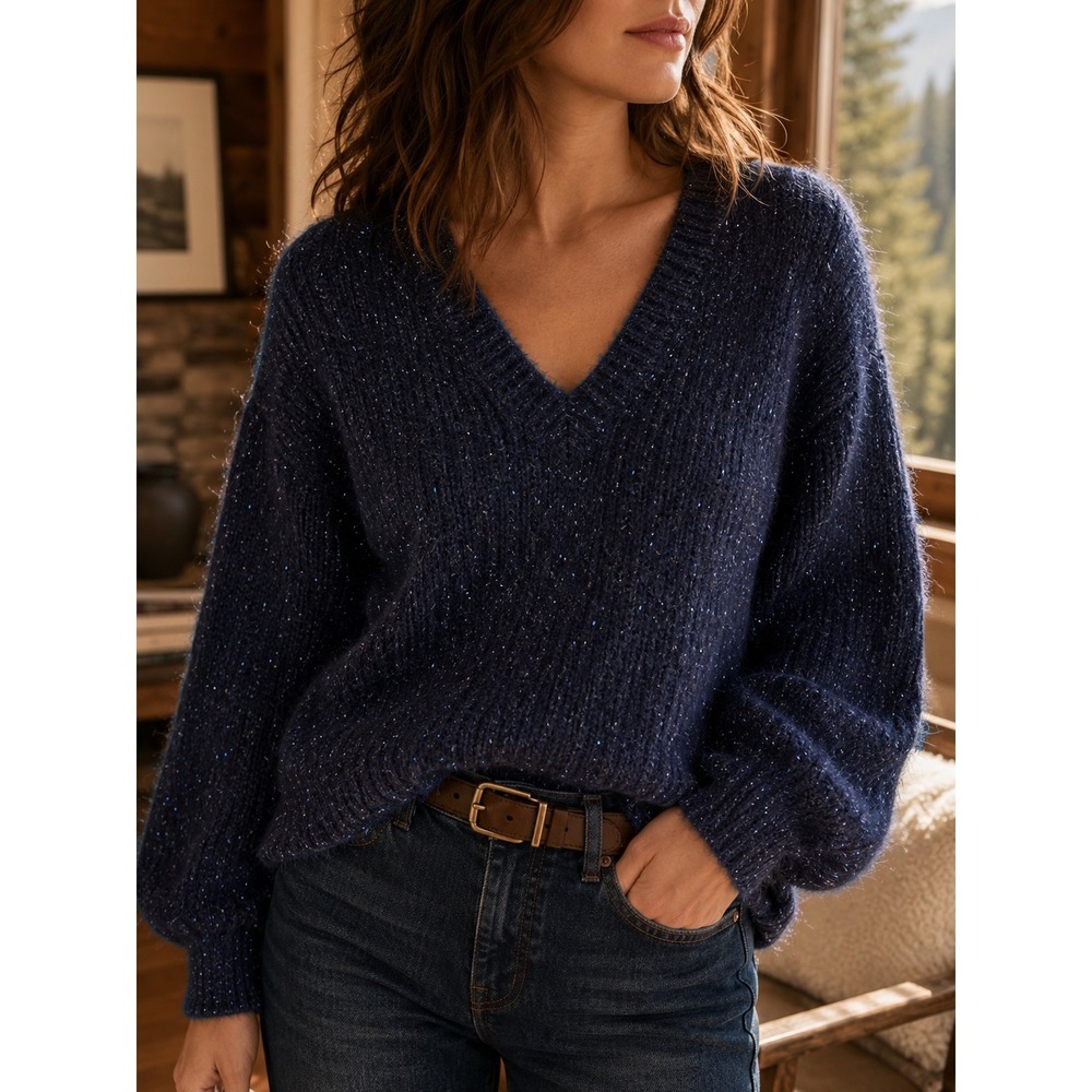 Boden Metallic Alpaca Wool Chunky V Neck Balloon Sleeve Sweater Navy 6
